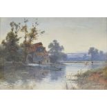 Alfred De Breanski Jnr (1877-1955) - River landscape in summer with a water mill, an angler