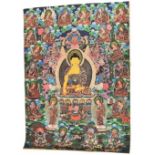 Tibetan Thangka - bright and densely polychrome decorated with central seated Buddha surrounded by