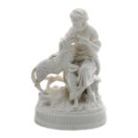 19th century Parian Ware figure of a seated lady with her dog, upon a naturalistic tree trunk base