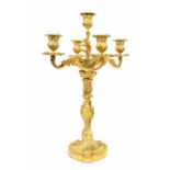 Good large 19th century French cast ormolu candelabra, with five sconces on a wrythen cherub