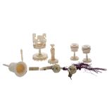 Selection of Chinese antique ivory to include two small puzzle balls, miniature figure, model of