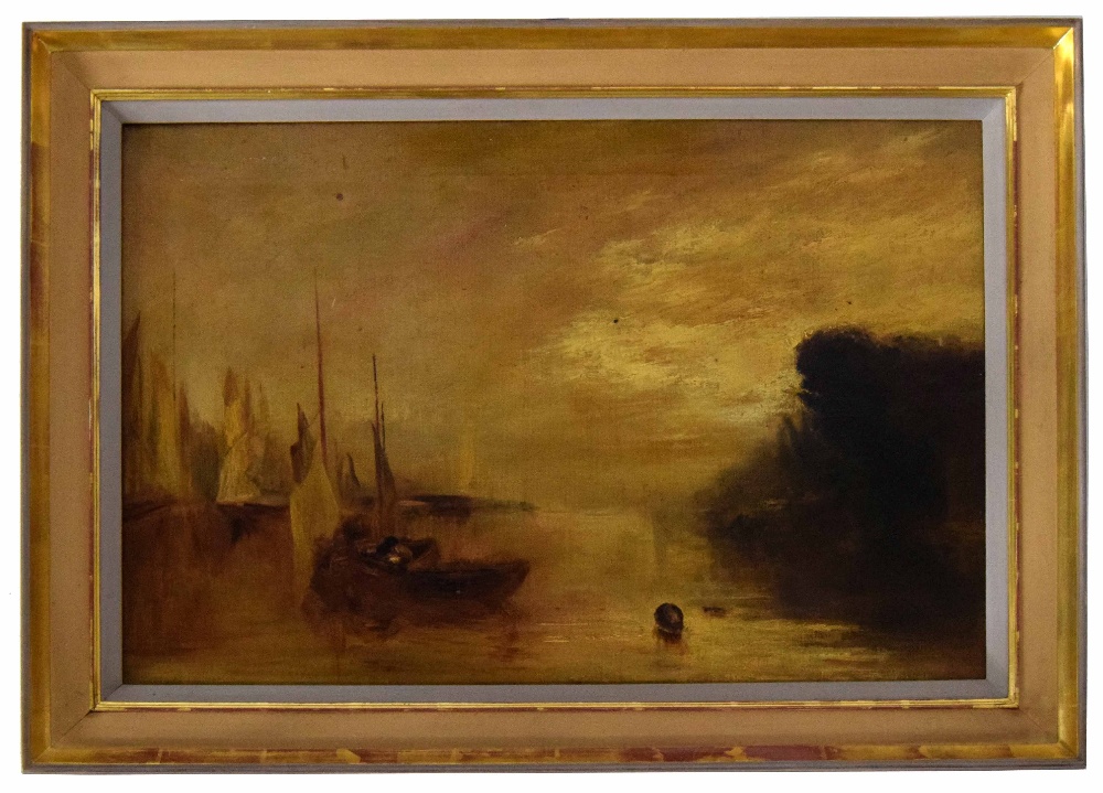 After J.M.W.Turner (19th/20th century) - Boats on a river in an early morning sunrise, oil on