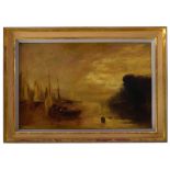After J.M.W.Turner (19th/20th century) - Boats on a river in an early morning sunrise, oil on