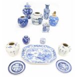 Collection of Chinese blue and white export porcelain, including a platter decorated with houses