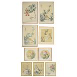 Chinese School - nine decorative watercolours on paper depicting birds amongst flowers, bearing