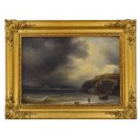 Circle of Thomas Luny (19th century) - Coastal scene at low tide with a figure gathering wreckage on
