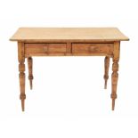 Victorian stripped pine kitchen table, the rectangular top over two frieze drawers upon turned legs,