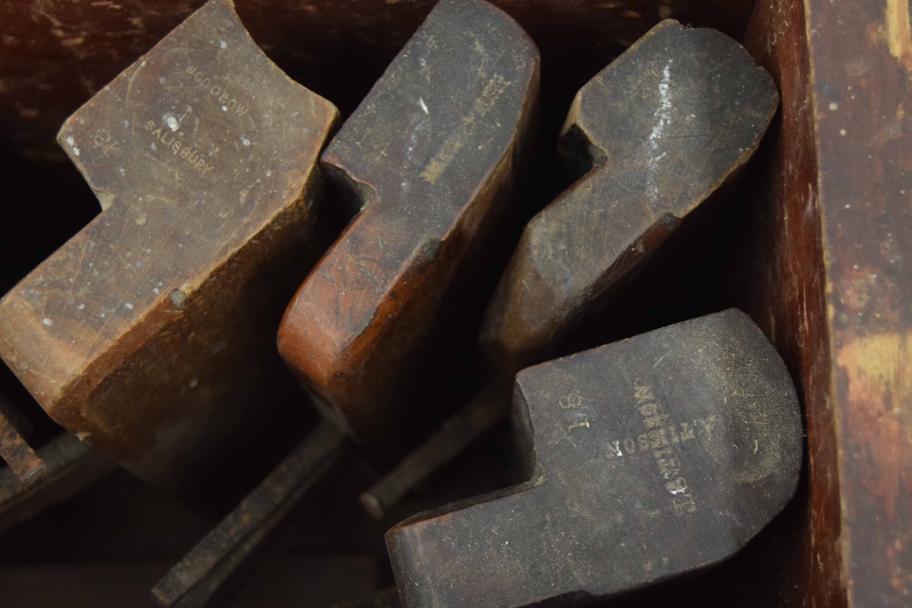 19th century pine tool chest containing a collection of antique woodwork planes, mostly with maker's - Image 4 of 4