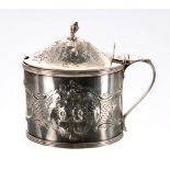George III oval silver lidded mustard, with repousse and engraved decoration, maker Henry