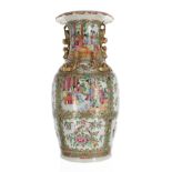 Large Chinese Canton famille rose porcelain baluster vase, the frilled rim over gilded dog of Fo