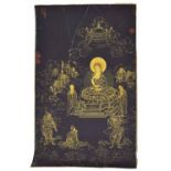 Tibetan Thangka - monochrome decorated with the meditating Buddha on a throne plinth among clouds,