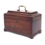 Georgian mahogany sarcophagus tea caddy, the cover with brass swing handle enclosing divided