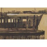 D** Johnson (20th century) - Harbour scene with a ship beside a quay, indistinctly signed, pen,