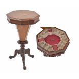 Victorian walnut octagonal inlaid trumpet work table, the parquetry inlaid top enclosing a fitted