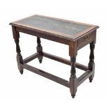 Late 19th century oak writing table, the inset top over a single end frieze drawer upon turned
