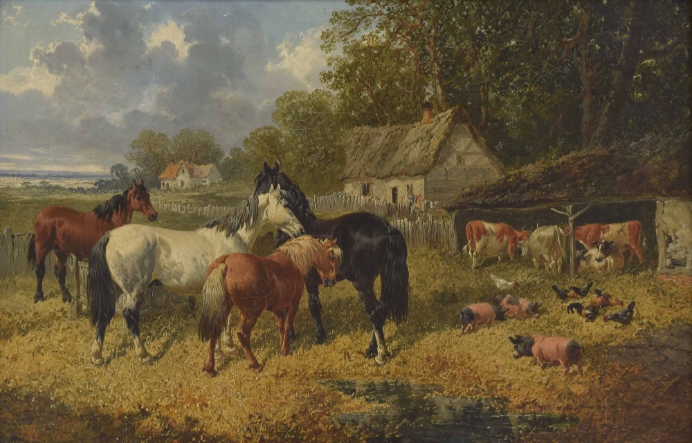 John Frederick Herring Junior (1815-1907) - Sunlit farmyard scene with horses, pigs, cattle and - Image 2 of 4