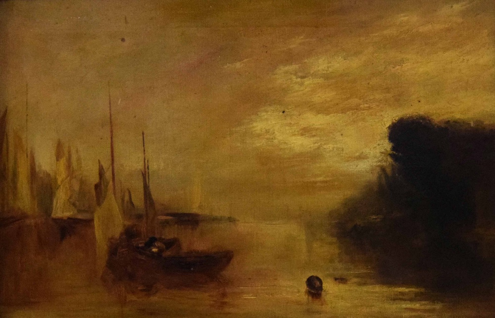 After J.M.W.Turner (19th/20th century) - Boats on a river in an early morning sunrise, oil on - Image 2 of 3