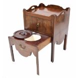 George III mahogany night commode, the gallery top over cupboard doors and a pull-out commode drawer