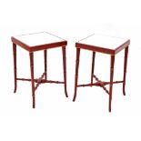 Pair of decorative red lacquered and parcel gilt square occasional tables, each inset with white