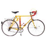 Rare Jack Taylor 'Flying Gate' three speed bicycle, yellow and orange, 23" frame, Brooks studded