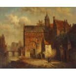 Dutch School - Figures beside a church and other buildings with a canal nearby, oil on panel, 16"