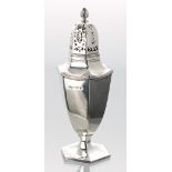 George V hexagonal silver sugar sifter, surmounted by pineapple finial, maker Elkington & Co Ltd.