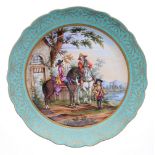 Meissen porcelain circular charger, painted depicting two men on horseback and one standing within a