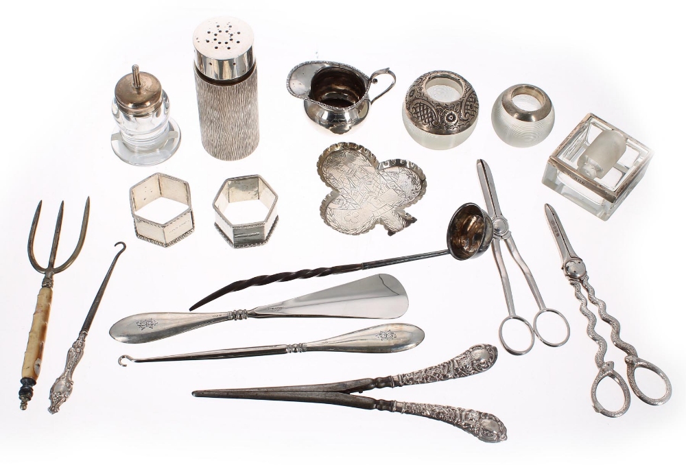 Miscellaneous silver and plated trinkets and other items including small Club shape engraved dish,