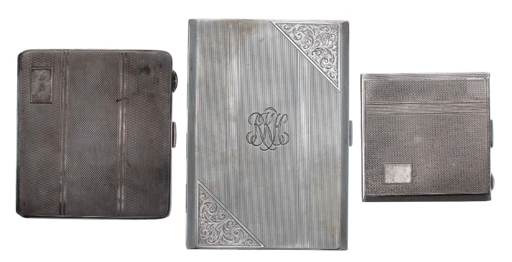 George VI engine turned silver cigarette case, maker Joseph Vale, Birmingham 1945, 5" x 3.5";