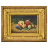 J** Caron (19th century) - Still life of peaches and plums upon a green leaf with vegetation in