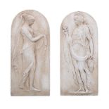 Pair of decorative classical figural plaster plaques, each arched depicting Greek figural portraits,