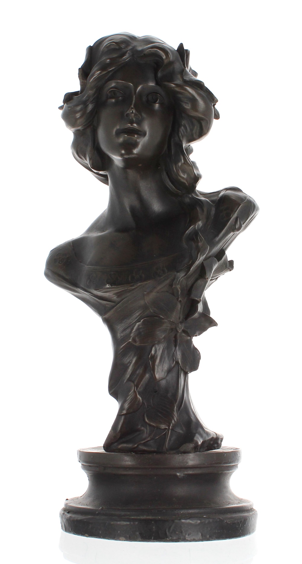 After Auguste-Joseph Peiffer - Art Nouveau style bust of a lady with flowers in her hair, mounted on