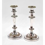 Pair of Sheffield plate candlesticks upon turned stems and circular bases, 10" high (2)