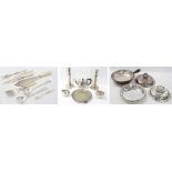 Assorted EPNS plated serving wares including circular tureen and cover, three piece tea set,