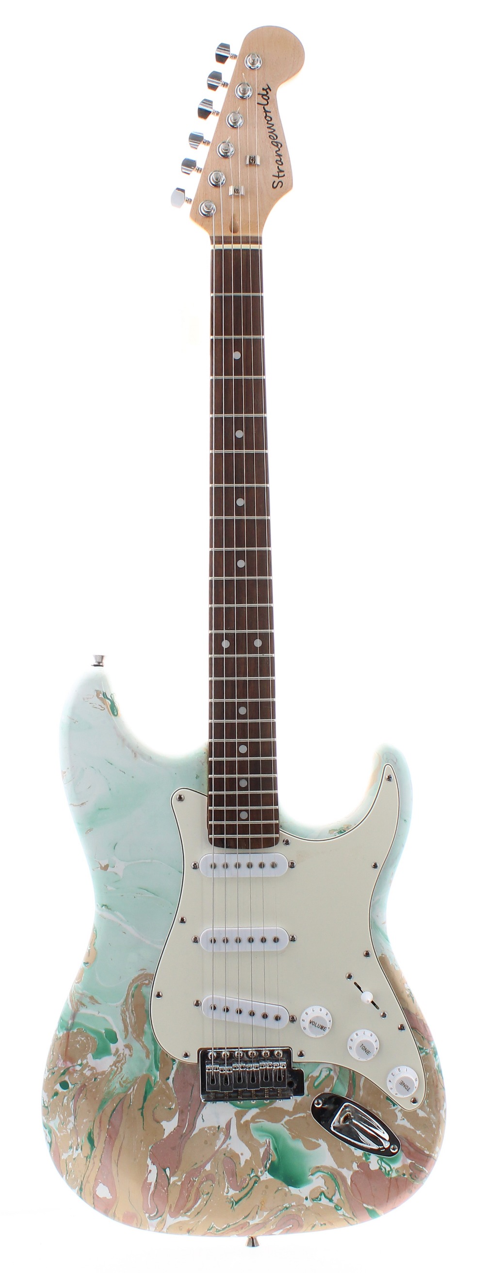 Strangeworlds Strat style electric guitar, with dipped marble finish