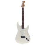 Squier by Fender Affinity Series Strat electric guitar, made in China; Finish: Olympic white, many