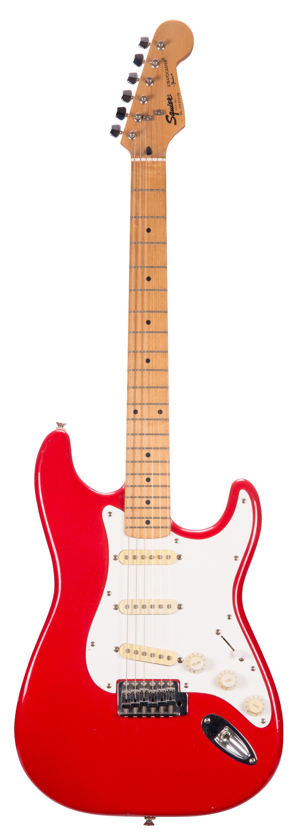 Squier by Fender Stratocaster electric guitar, made in Korea, ser, no. CN4xxxx8; Finish: red,