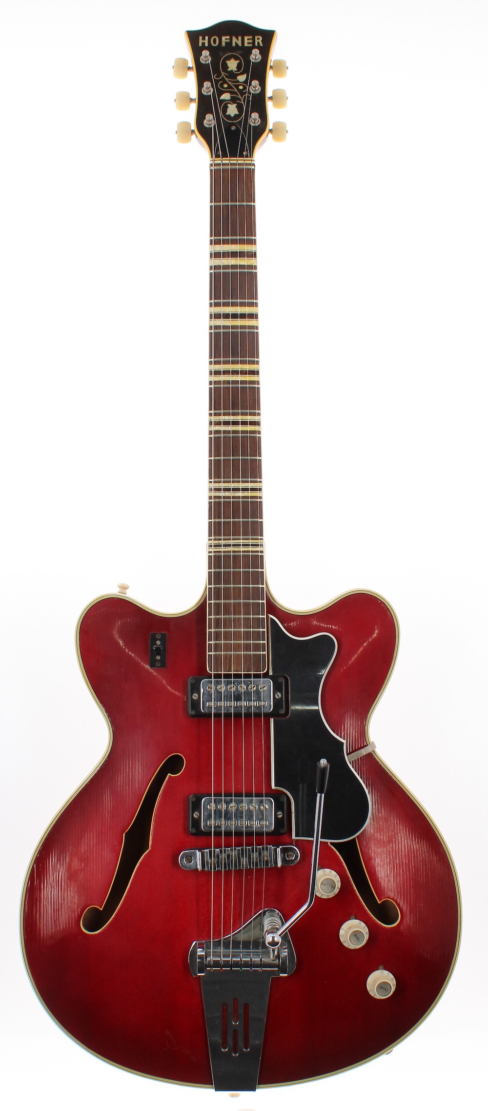 1960s Hofner Verithin hollow body electric guitar, made in Germany; Finish: red, various surface