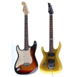 RPG left handed electric guitar, metallic gold finish; together with a Fleetwood left Strat style