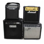 Four small practise amps including a Marshall MG10CD, Fender Rumble 15, Fender Frontman 15G and a