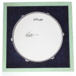 The Beatles - Ringo Starr autographed Stagg drum skin, mounted within a plush lined green frame, 20"
