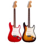 Two Squier by Fender Affinity Series Strat electric guitars, one in sunburst and one in red (2)