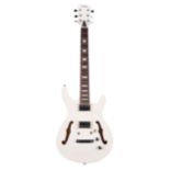 Alba semi-hollow body double cut electric guitar; Finish: white, various blemishes; Fretboard: