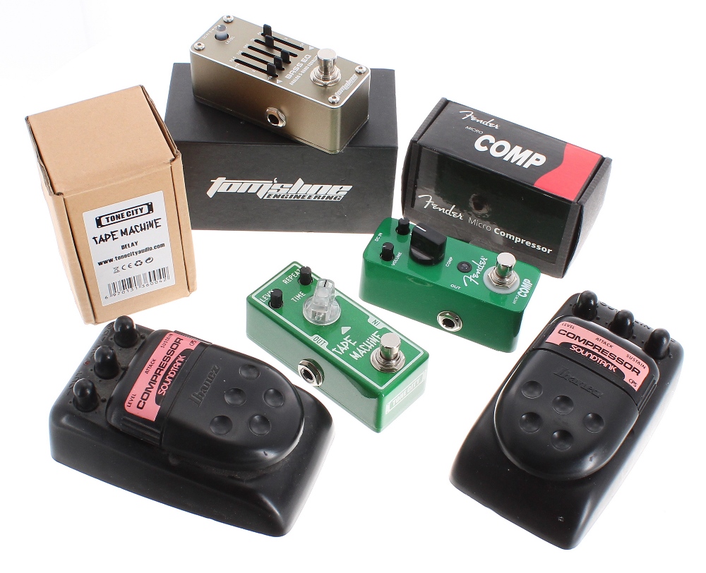 Two Ibanez Soundtank Compressor guitar pedals, one working and one for spares/repair; together