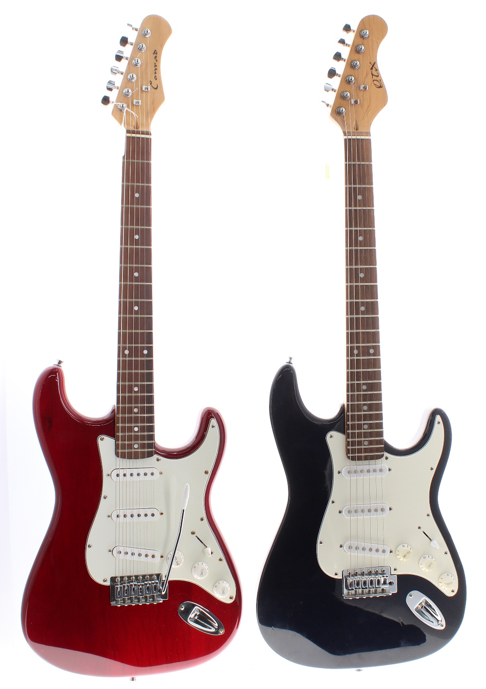 Conrad Strat style electric guitar, red finish; together with a QTX Strat style electric guitar,