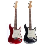 Conrad Strat style electric guitar, red finish; together with a QTX Strat style electric guitar,