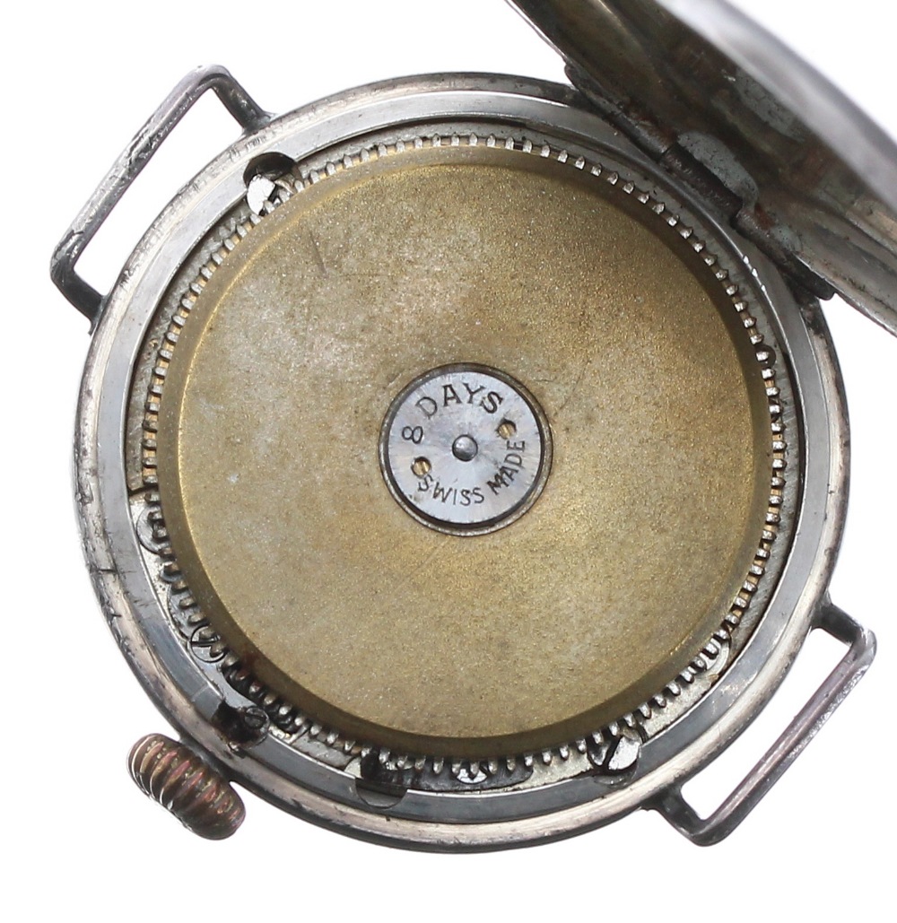WWI period silver 8 day wire-lug trench wristwatch, import hallmarks for London 1915, the white dial - Image 3 of 3
