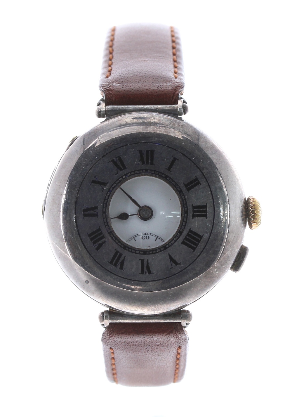 Longines silver half hunter gentleman's wristwatch, import hallmarks London 1929, circular enamel