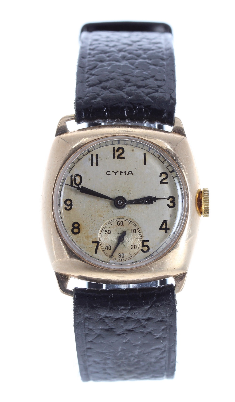 Cyma 9ct cushion cased wristwatch, Chester 1941, silvered dial with Arabic numerals and subsidiary