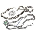 Graduated watch Albert chain with T bar and a silver medallion fob, 13.5 long; also another watch